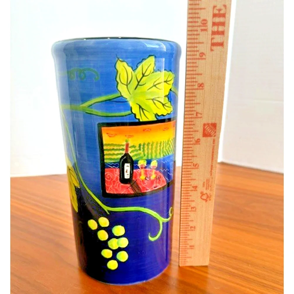 Naylor Designs hand painted Flowers Blue Vase or Red Wine Holder 9.5